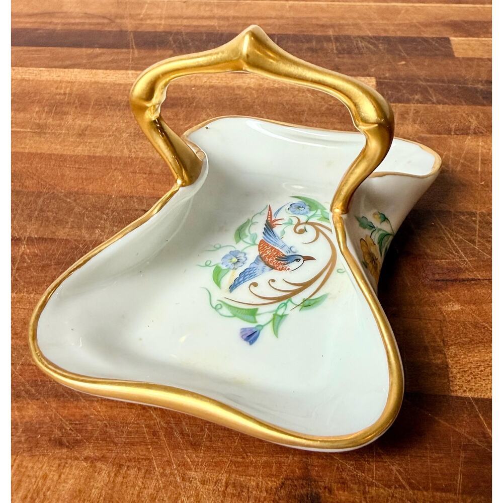 Vintage Limoges Castel Porcelain Basket Dish: Bird Floral Gold Gilt Handle - Picture 7 of 15
